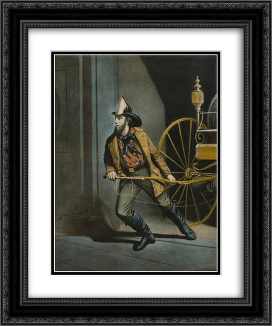 The American Fireman. Always Ready 20x24 Black Ornate Wood Framed Art Print Poster with Double Matting by Currier and Ives