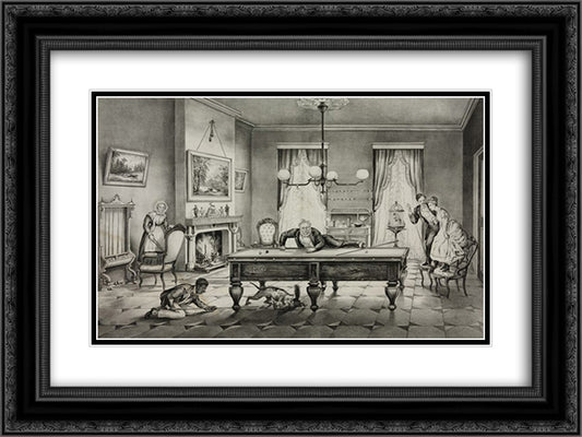 The chances of billiards. A scratch all around 24x18 Black Ornate Wood Framed Art Print Poster with Double Matting by Currier and Ives