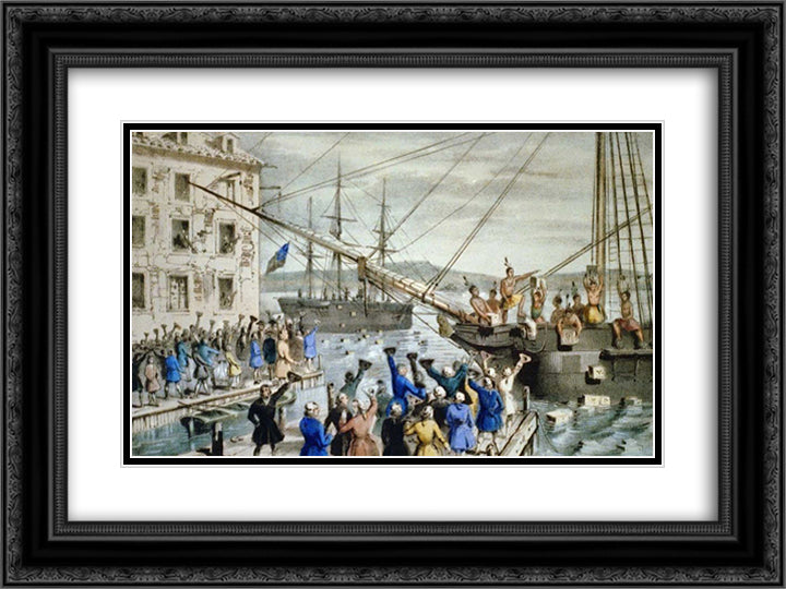 The Destruction of Tea at Boston Harbor 24x18 Black Ornate Wood Framed Art Print Poster with Double Matting by Currier and Ives