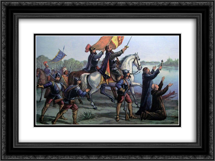 The Discovery of the Mississippi 24x18 Black Ornate Wood Framed Art Print Poster with Double Matting by Currier and Ives