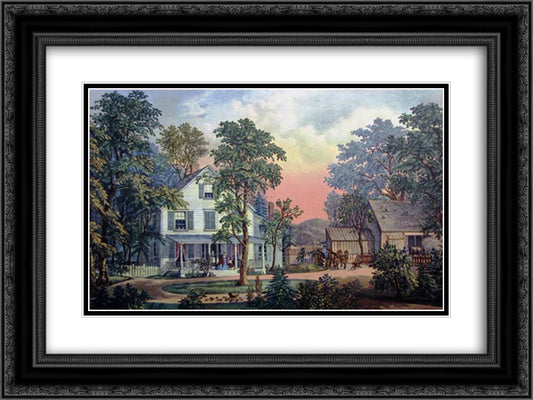 The Farmers Home - Summer 24x18 Black Ornate Wood Framed Art Print Poster with Double Matting by Currier and Ives