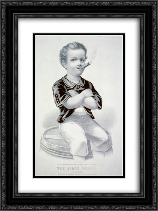 The first smoke. All right 18x24 Black Ornate Wood Framed Art Print Poster with Double Matting by Currier and Ives