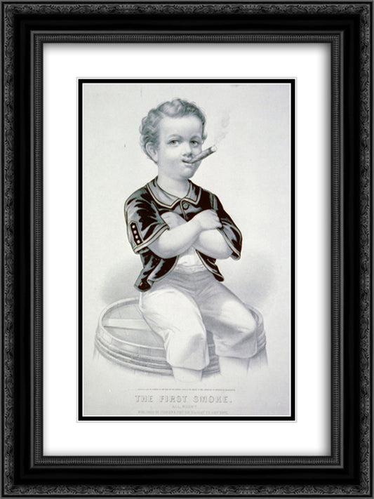 The first smoke. All right 18x24 Black Ornate Wood Framed Art Print Poster with Double Matting by Currier and Ives