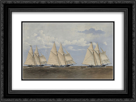 The Great Ocean Yacht Race Between Henrietta, Fleetwing & Vesta 24x18 Black Ornate Wood Framed Art Print Poster with Double Matting by Currier and Ives