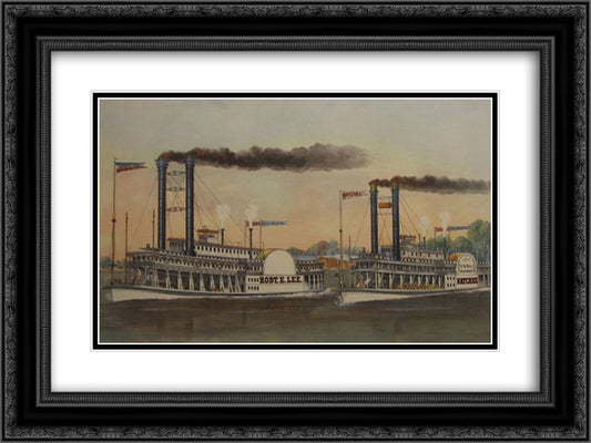The Great Race on the Mississippi 24x18 Black Ornate Wood Framed Art Print Poster with Double Matting by Currier and Ives