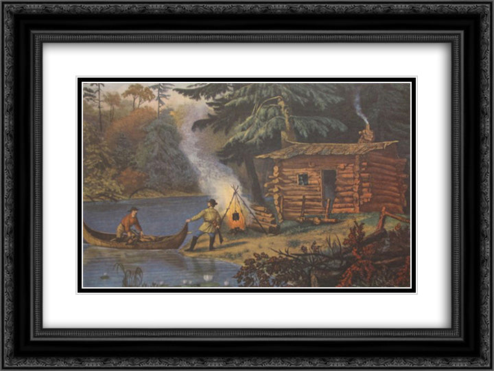 The Hunters Shanty 24x18 Black Ornate Wood Framed Art Print Poster with Double Matting by Currier and Ives