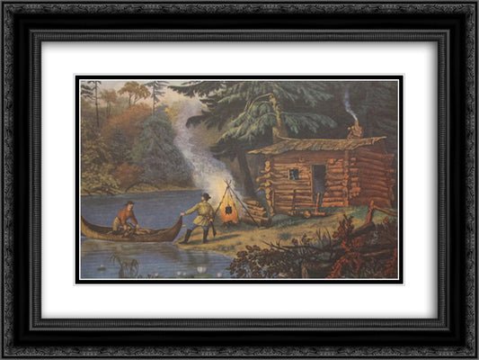 The Hunters Shanty 24x18 Black Ornate Wood Framed Art Print Poster with Double Matting by Currier and Ives