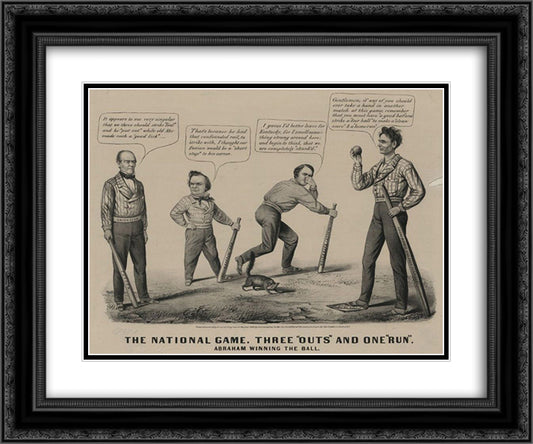 The National Game. Three Outs and One Run 24x20 Black Ornate Wood Framed Art Print Poster with Double Matting by Currier and Ives