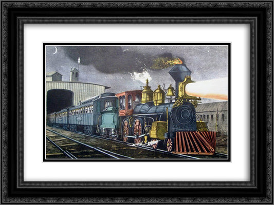 The Night Express 24x18 Black Ornate Wood Framed Art Print Poster with Double Matting by Currier and Ives