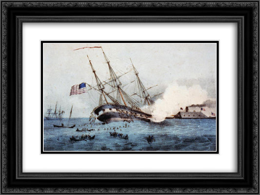 The sinking of the 'Cumberland' by the iron clad 'Merrimac', off Newport News Va. March 8th 1862 24x18 Black Ornate Wood Framed Art Print Poster with Double Matting by Currier and Ives