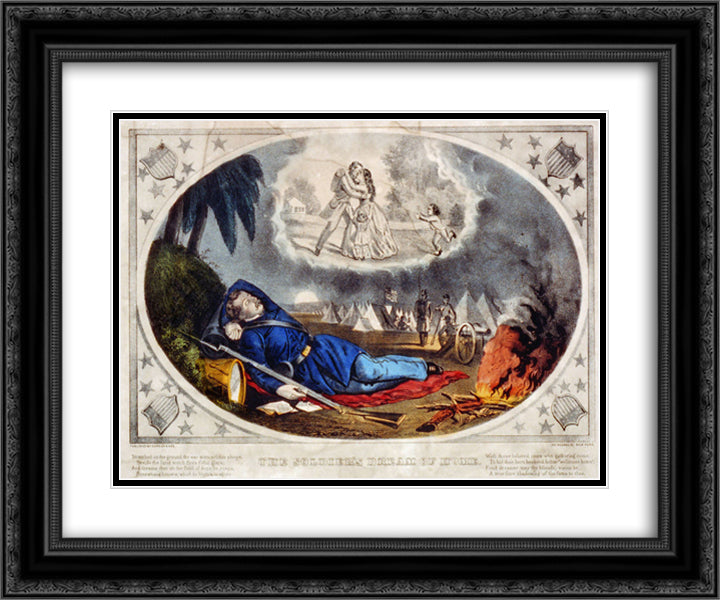 The Soldier's Dream of Home 1865 24x20 Black Ornate Wood Framed Art Print Poster with Double Matting by Currier and Ives