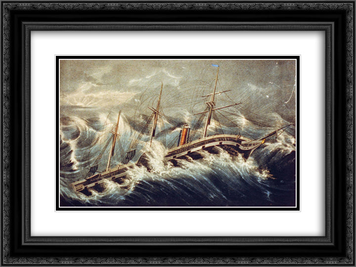 The Steam Ship President, The Largest in the World 24x18 Black Ornate Wood Framed Art Print Poster with Double Matting by Currier and Ives