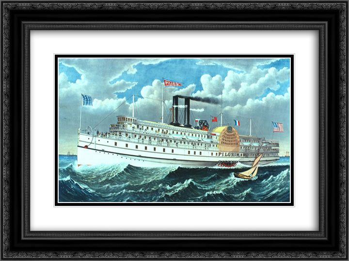 The Steamer Pilgrim, part of the 'old' Fall River Line 24x18 Black Ornate Wood Framed Art Print Poster with Double Matting by Currier and Ives