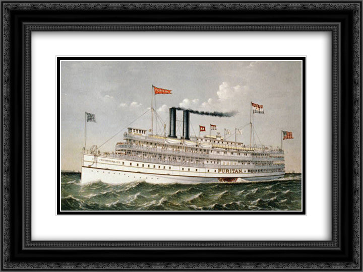 The Steamer Puritan, part of the 'old' Fall River Line 24x18 Black Ornate Wood Framed Art Print Poster with Double Matting by Currier and Ives