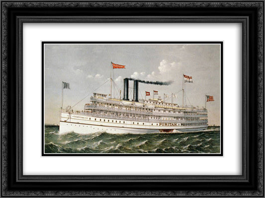 The Steamer Puritan, part of the 'old' Fall River Line 24x18 Black Ornate Wood Framed Art Print Poster with Double Matting by Currier and Ives