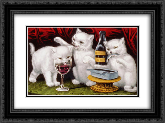 The three jolly kittens at the feast 24x18 Black Ornate Wood Framed Art Print Poster with Double Matting by Currier and Ives