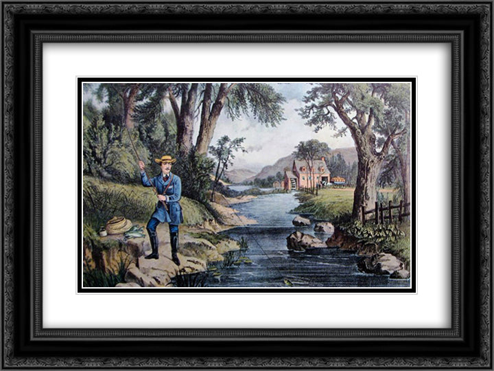The Trout Pool 24x18 Black Ornate Wood Framed Art Print Poster with Double Matting by Currier and Ives