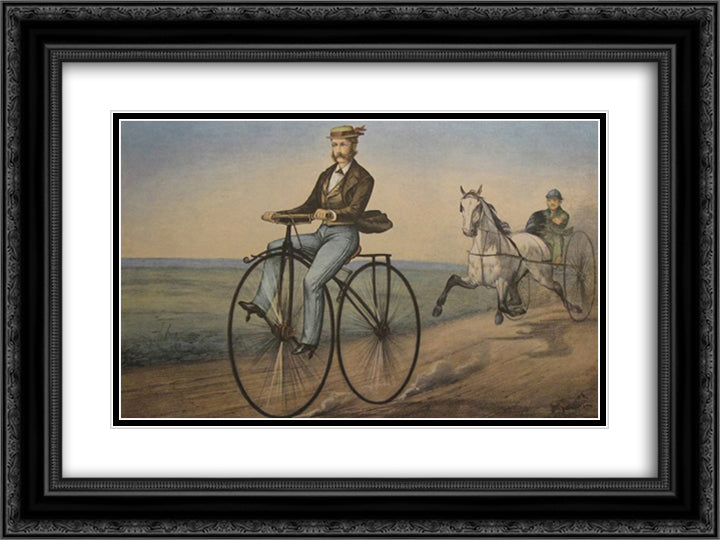 The Velocipede 24x18 Black Ornate Wood Framed Art Print Poster with Double Matting by Currier and Ives