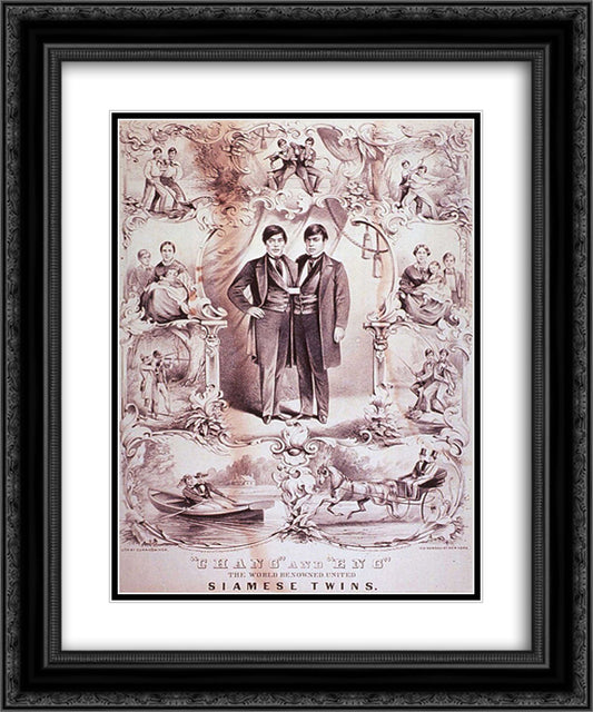 The World Renowned United Siamese Twins 20x24 Black Ornate Wood Framed Art Print Poster with Double Matting by Currier and Ives