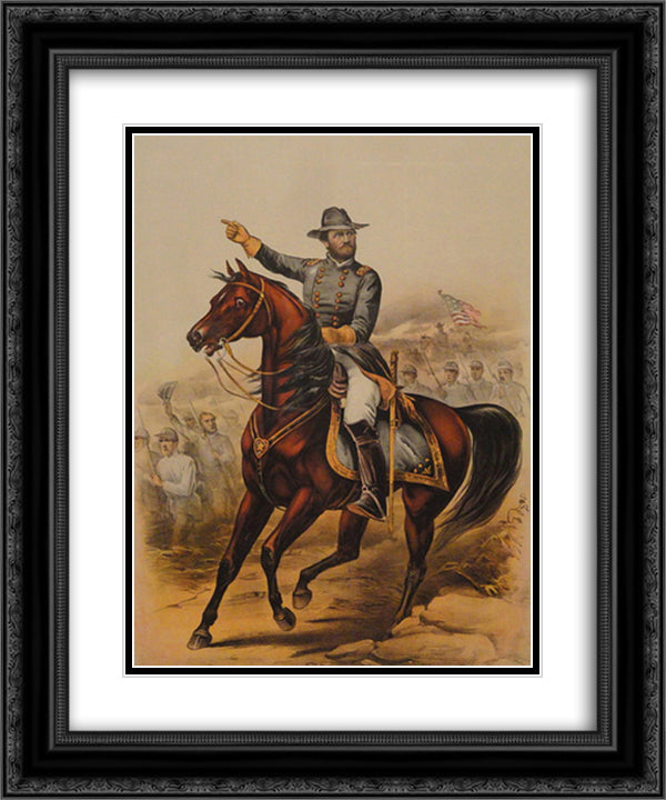 To The Grand Army of the Republic (Our Old Commander, General U. S. Grant) 20x24 Black Ornate Wood Framed Art Print Poster with Double Matting by Currier and Ives