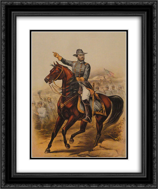 To The Grand Army of the Republic (Our Old Commander, General U. S. Grant) 20x24 Black Ornate Wood Framed Art Print Poster with Double Matting by Currier and Ives