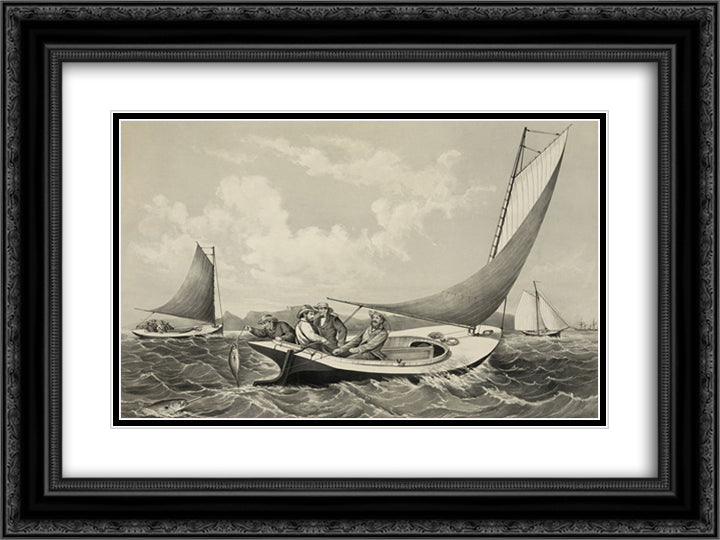 Trolling for blue fish 24x18 Black Ornate Wood Framed Art Print Poster with Double Matting by Currier and Ives