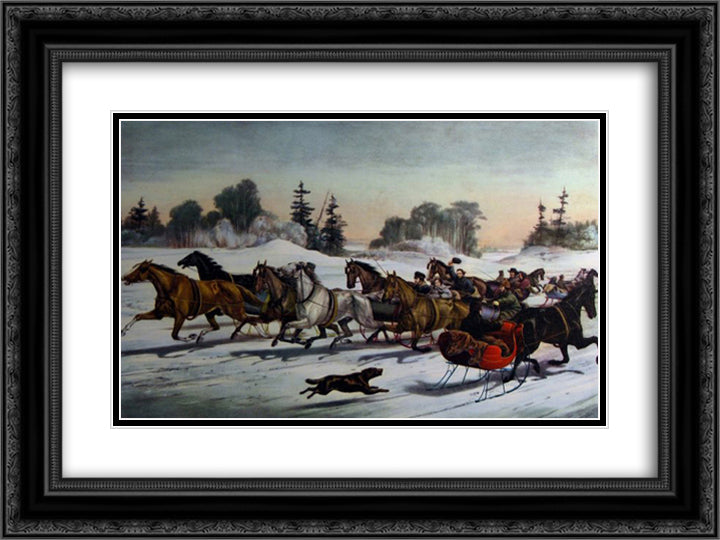 Trotting Cracks on the Snow 24x18 Black Ornate Wood Framed Art Print Poster with Double Matting by Currier and Ives