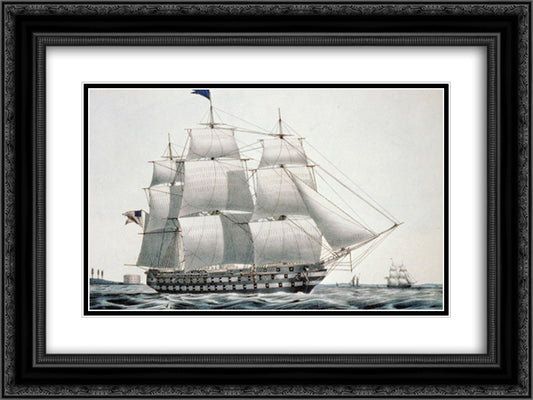 U.S. ship of the line Ohio 104 guns 24x18 Black Ornate Wood Framed Art Print Poster with Double Matting by Currier and Ives