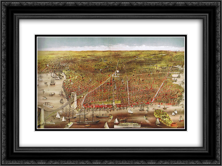 View of Brooklyn 24x18 Black Ornate Wood Framed Art Print Poster with Double Matting by Currier and Ives
