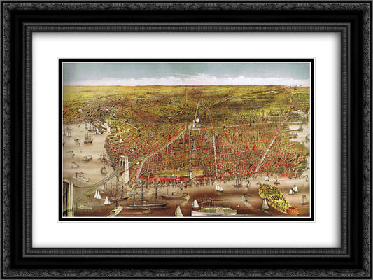 View of Brooklyn 24x18 Black Ornate Wood Framed Art Print Poster with Double Matting by Currier and Ives