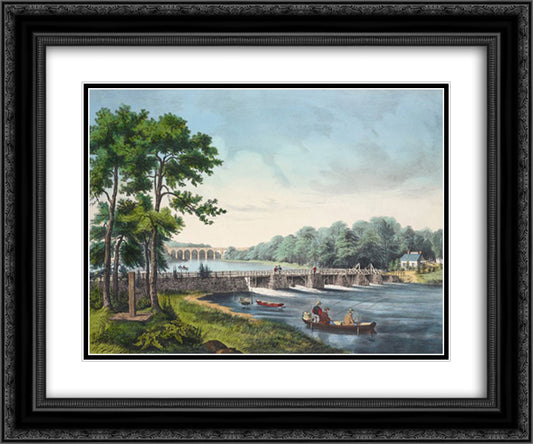 View on the Harlem River 24x20 Black Ornate Wood Framed Art Print Poster with Double Matting by Currier and Ives
