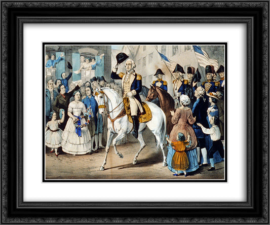 Washington's entry into New York 24x20 Black Ornate Wood Framed Art Print Poster with Double Matting by Currier and Ives