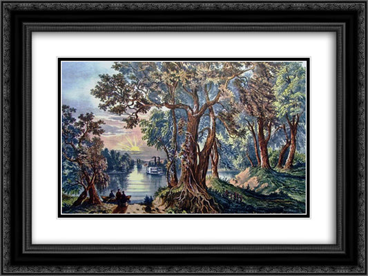 Western River Scenery 24x18 Black Ornate Wood Framed Art Print Poster with Double Matting by Currier and Ives