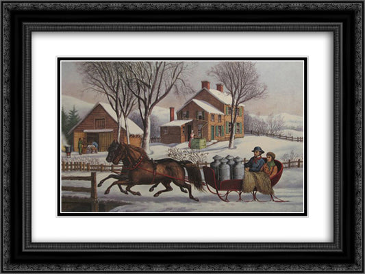 Winter Morning in the Country 24x18 Black Ornate Wood Framed Art Print Poster with Double Matting by Currier and Ives