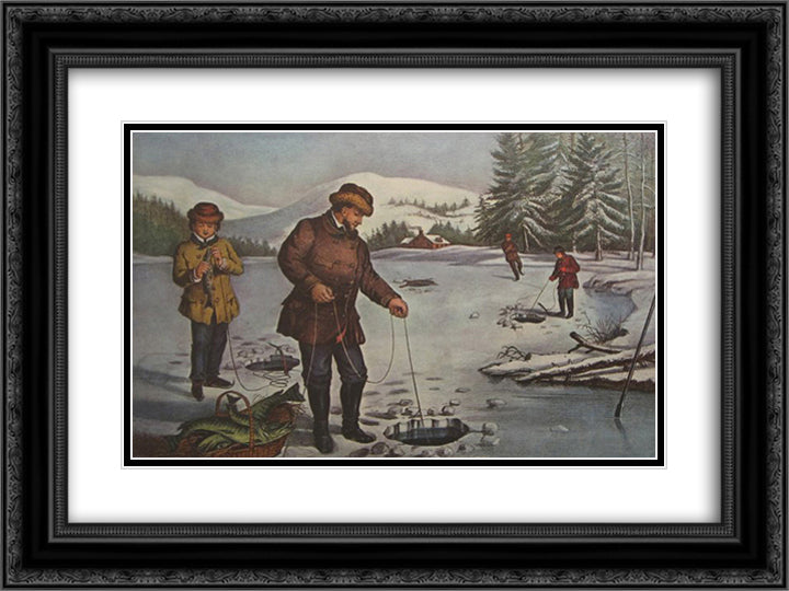 Winter Sports - Pickerel Fishing 24x18 Black Ornate Wood Framed Art Print Poster with Double Matting by Currier and Ives
