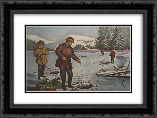Winter Sports - Pickerel Fishing 24x18 Black Ornate Wood Framed Art Print Poster with Double Matting by Currier and Ives