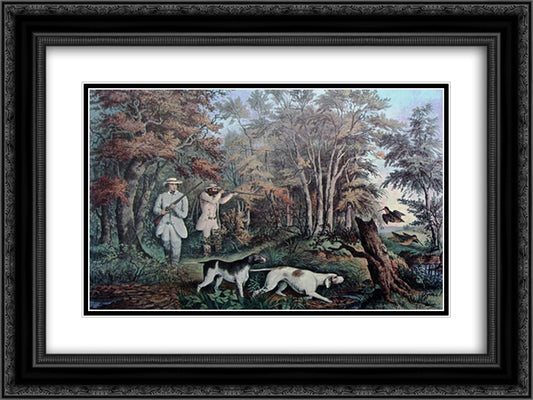 Woodcock Shooting 24x18 Black Ornate Wood Framed Art Print Poster with Double Matting by Currier and Ives