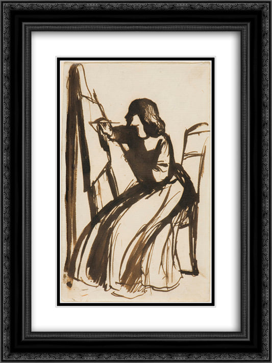 Elizabeth Siddal Seated at an Easel 18x24 Black Ornate Wood Framed Art Print Poster with Double Matting by Rossetti, Dante Gabriel