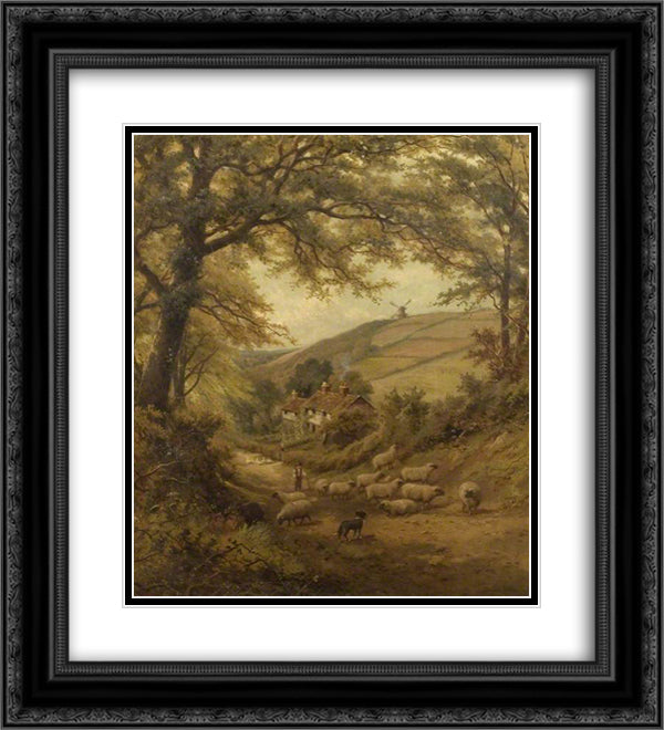 A Dog and a Flock of Sheep 20x22 Black Ornate Wood Framed Art Print Poster with Double Matting by Bates, David