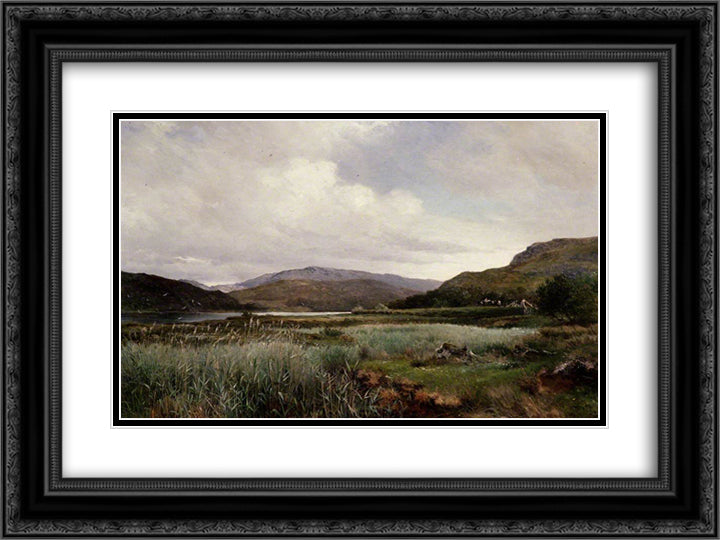 A River Landscape with Reeds, Arthog 24x18 Black Ornate Wood Framed Art Print Poster with Double Matting by Bates, David