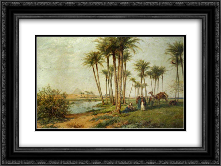 Bedouin at an Oasis with Pyramids 24x18 Black Ornate Wood Framed Art Print Poster with Double Matting by Bates, David