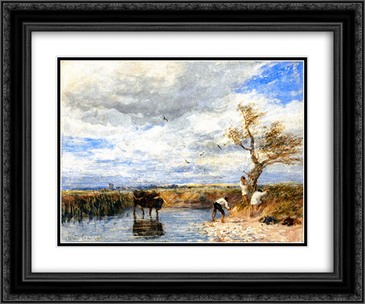Bathers Disturbed by a Bull 24x20 Black Ornate Wood Framed Art Print Poster with Double Matting by Cox, David