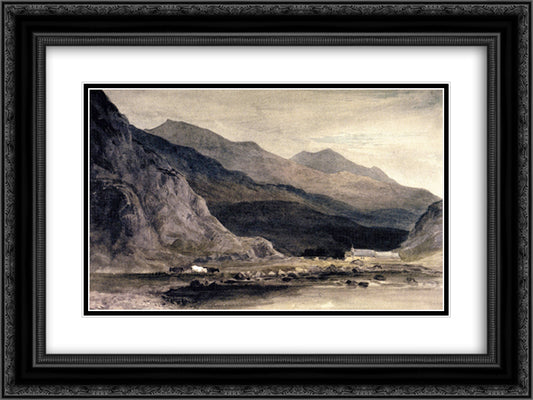 Beddgelert Mill and Bridge 24x18 Black Ornate Wood Framed Art Print Poster with Double Matting by Cox, David