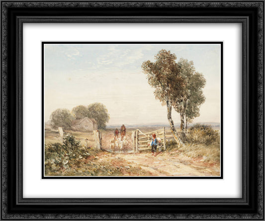 Boy Opening a Gate for Sheep 24x20 Black Ornate Wood Framed Art Print Poster with Double Matting by Cox, David
