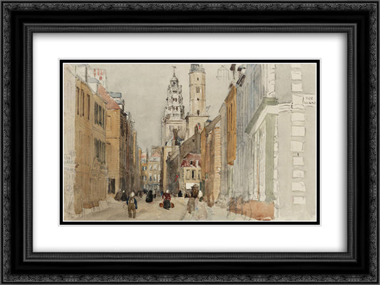 Calais. Street Scene with Lighthouse 24x18 Black Ornate Wood Framed Art Print Poster with Double Matting by Cox, David