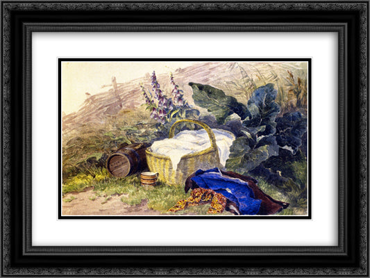Still LIfe. Basket, Foxgloves, Clothes and Other Objects 24x18 Black Ornate Wood Framed Art Print Poster with Double Matting by Cox, David