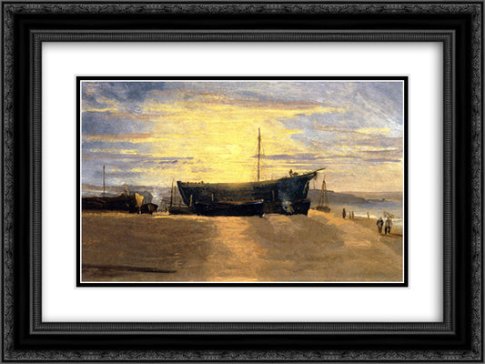 Sunset, Hastings. Beached Fishing Vessels 24x18 Black Ornate Wood Framed Art Print Poster with Double Matting by Cox, David