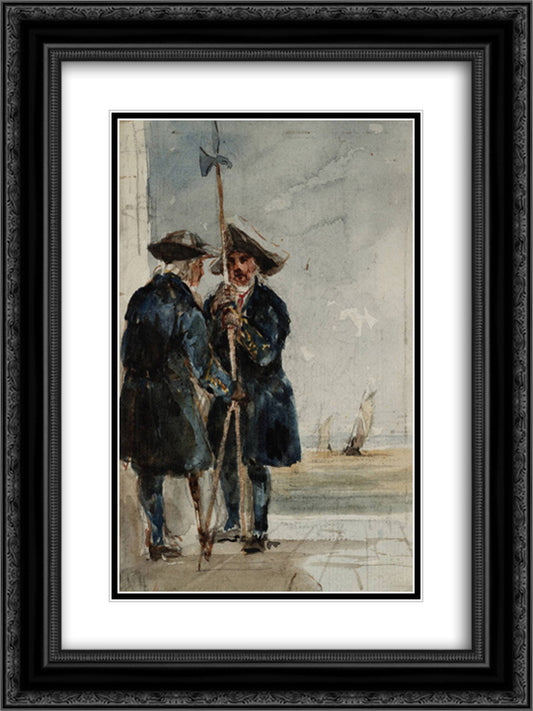 Two Naval Pensioners with Shipping Behind 18x24 Black Ornate Wood Framed Art Print Poster with Double Matting by Cox, David