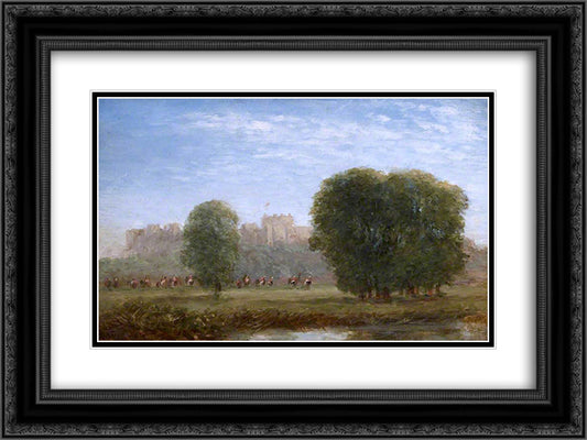 View of Windsor. Life Guards Approaching the River 24x18 Black Ornate Wood Framed Art Print Poster with Double Matting by Cox, David