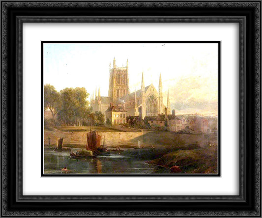 Worcester Cathedral, River Severn 24x20 Black Ornate Wood Framed Art Print Poster with Double Matting by Cox, David